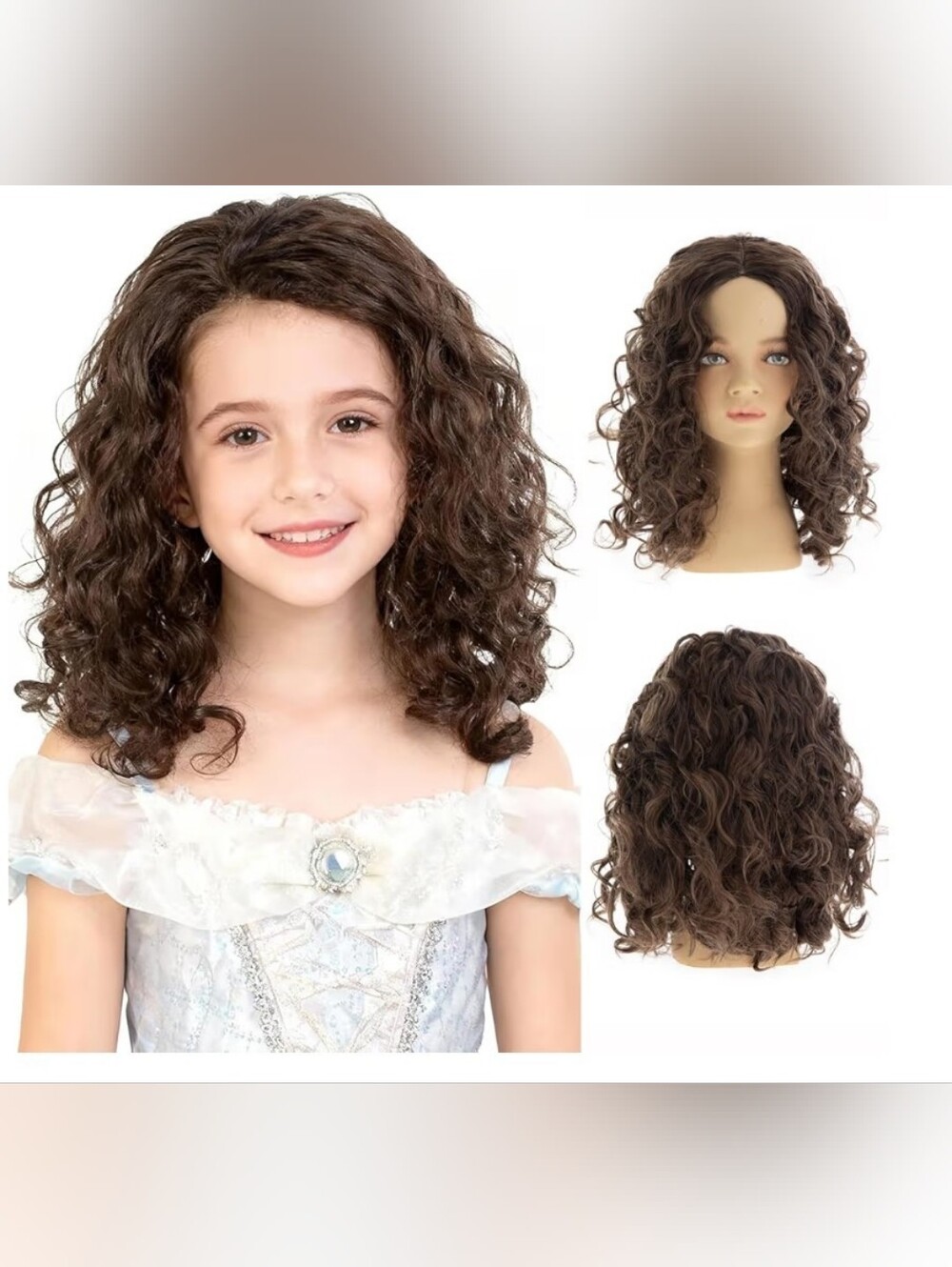 Kids/Girls/Petite Curly Brown Synthetic Wig with Middle Part